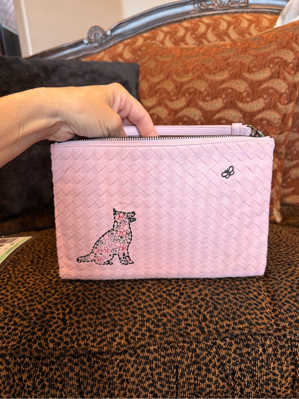 Bottega Veneta Pink Intrecciato Dog and Butterfly Motif Clutch Wristlet w/ COA